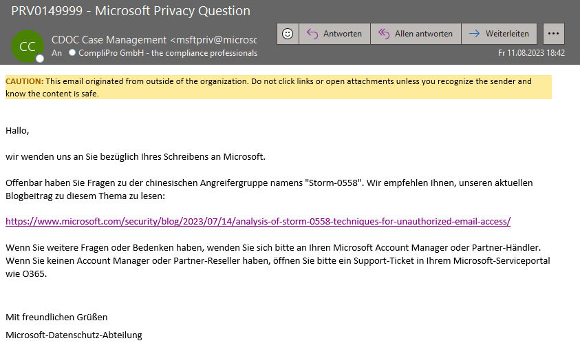 Antwort von Microsoft auf eine Anfrage bezüglich des Vorfalles!